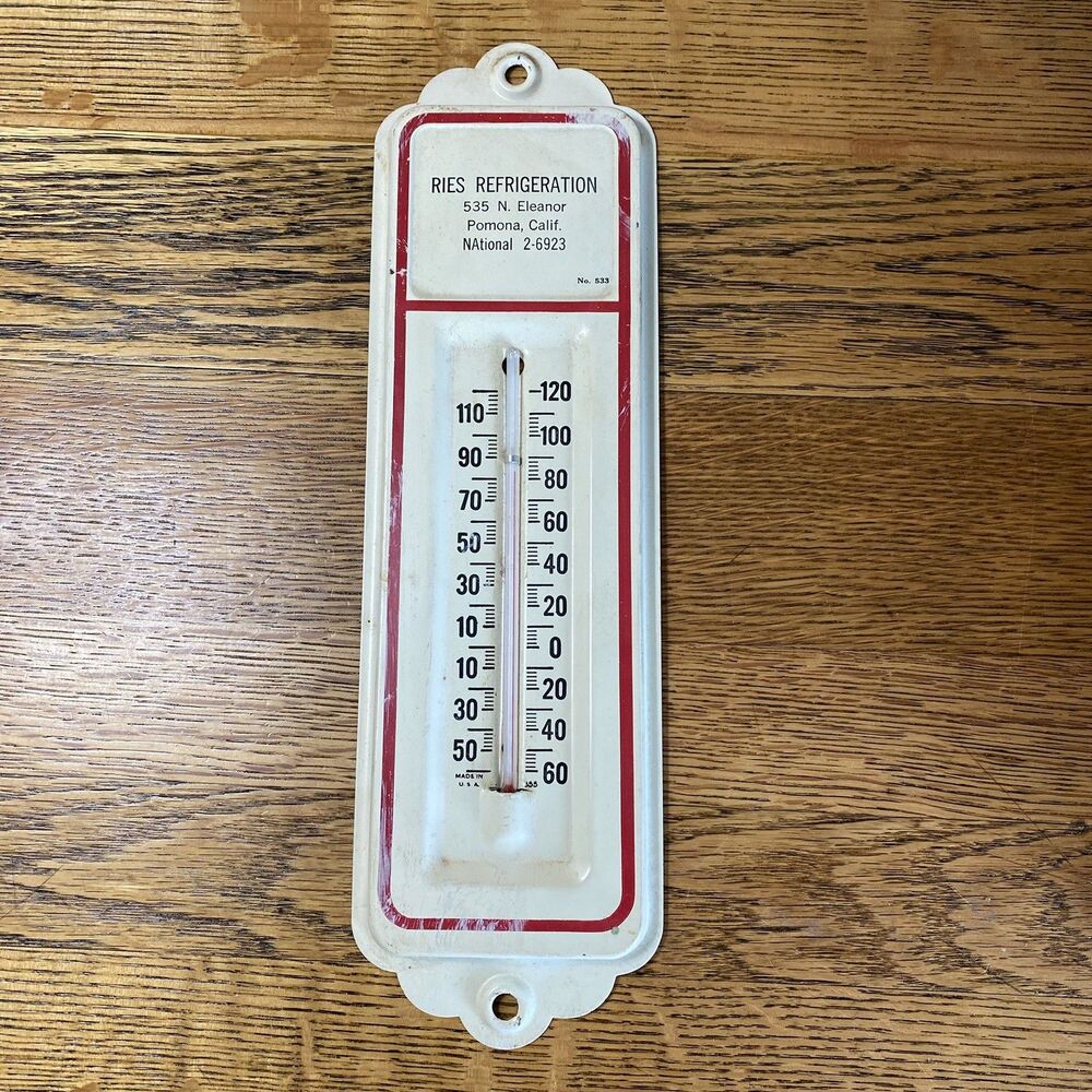 Vintage Metal 'Ries Refrigeration' Advertising Wall Thermometer Ivory/Red